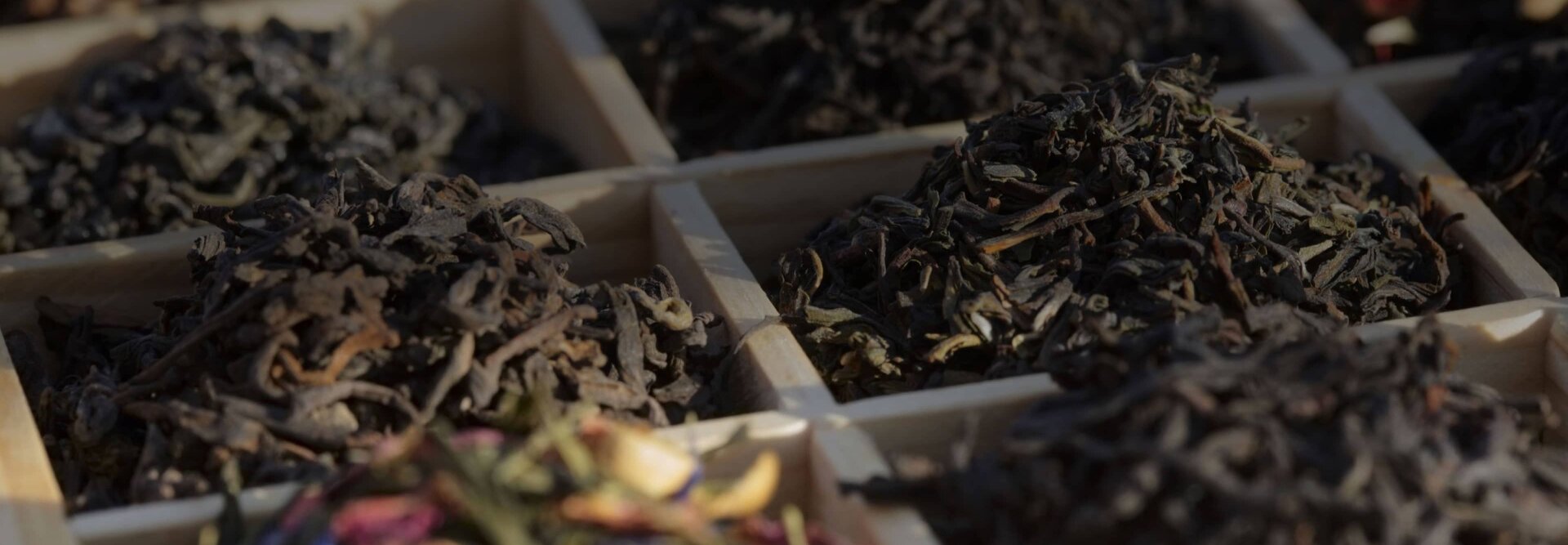 Verschiedene lose Schwarztees in Holzkisten, die reiche Farben und Texturen für Teeliebhaber bieten.