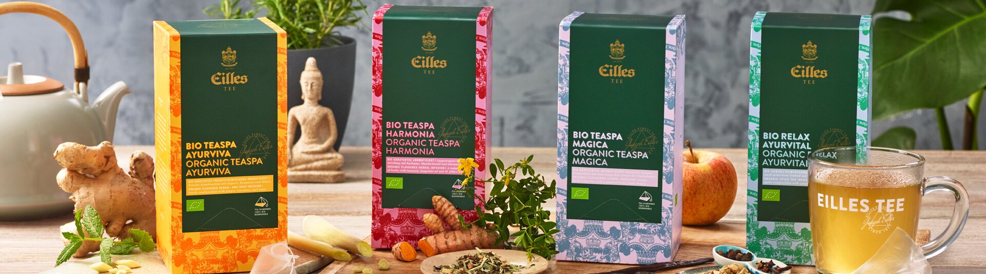 Das Bio-Spa-Sortiment von Eilles Tea mit Kräutertees, Ingwer und natürlichen Zutaten für Wellness.