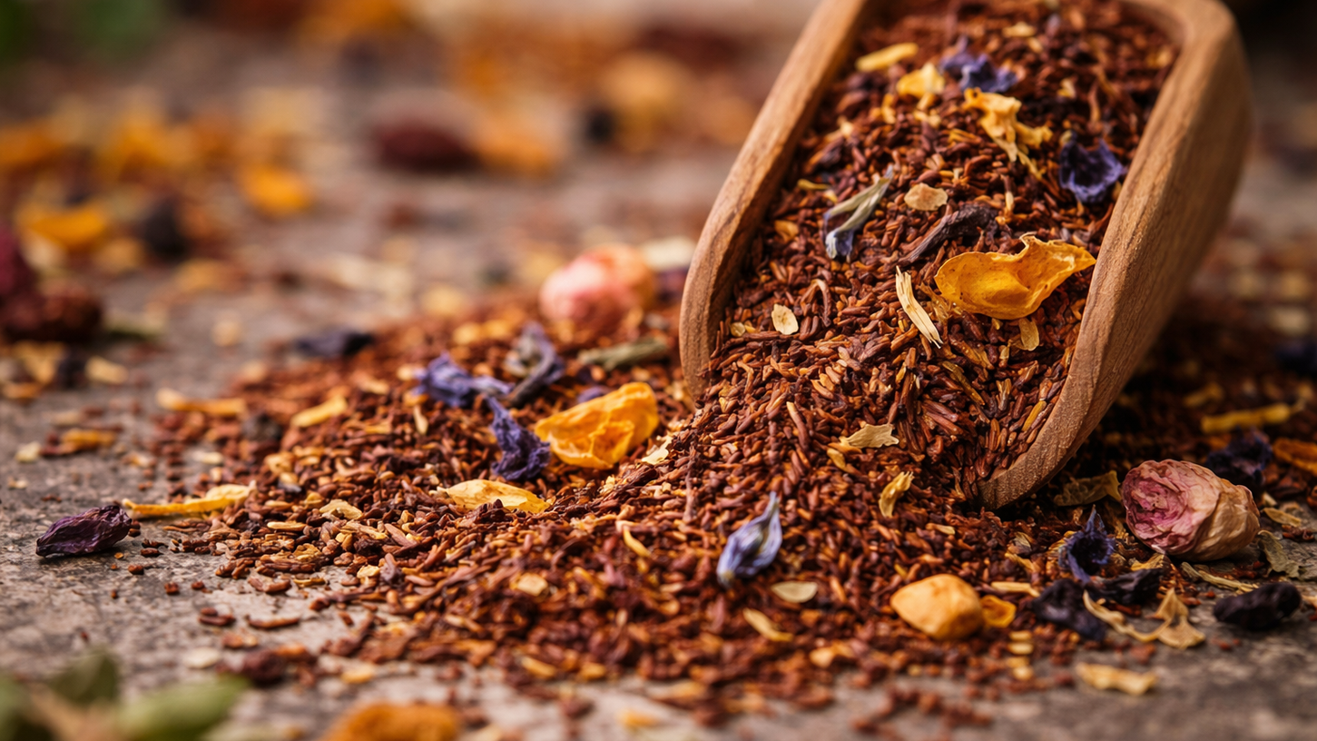 Dřevěná naběračka přetékající aromatickými bylinnými čajovými směsmi a sušenými květy na rustikálním povrchu. Ideální pro milovníky čaje.