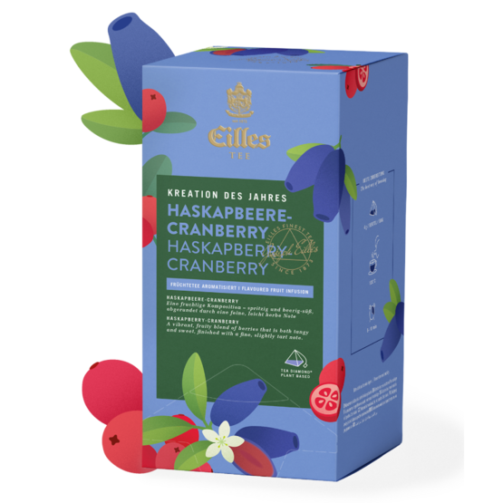Aromatisierte Früchteteedose mit der Teemischung Haskapberry-Cranberry von Gille's Tee, verziert mit lebhaften Fruchtillustrationen.