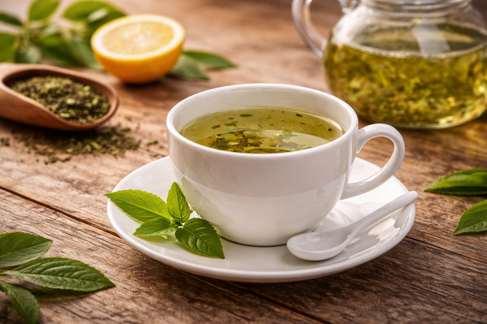 Šálek bylinkového čaje s lístky čerstvé máty, citronem a konvičkou na rustikálním dřevěném stole. Relaxační nápoj pro wellness.