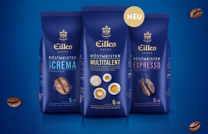 Řada Eilles Kaffee Röstermeister s kávami Caffè Crema, Multitalent a Espresso na modrém pozadí.