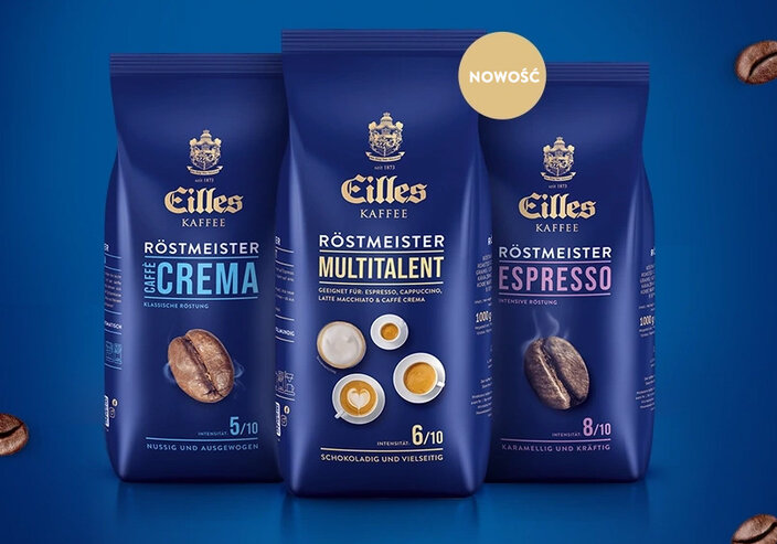 Seria Eilles Kaffee Röstmeister obejmująca mieszanki kawowe Caffè Crema, Multitalent i Espresso o różnym stopniu intensywności.